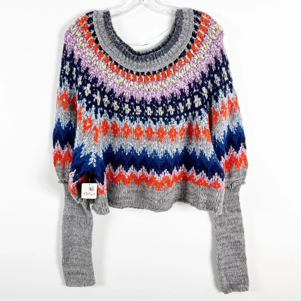 Free People Home For The Holidays Wool Blend Sweater Size Large NWT Gray Combo - Picture 4 of 11